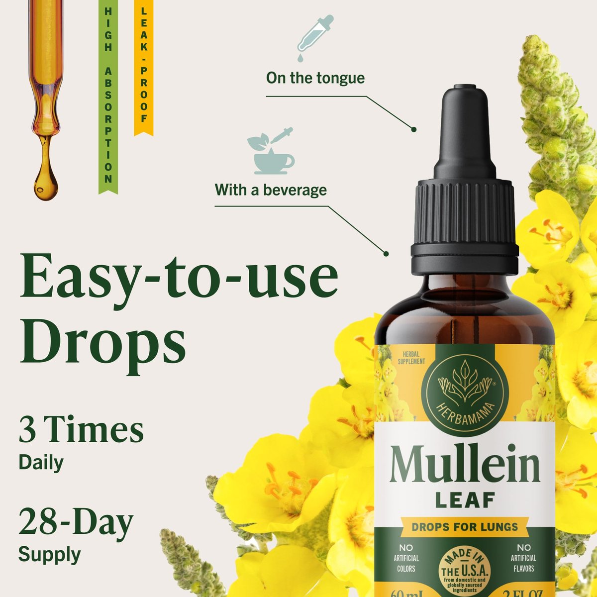 HERBAMAMA Mullein Tropfen für die Lunge – Vegane Lungenreinigung mit Mulleinblattextrakt, Echinacea-Tinktur & Süßholz – Nicht-GVO, Alkohol- & Zuckerfrei – 28-Tage-Versorgung