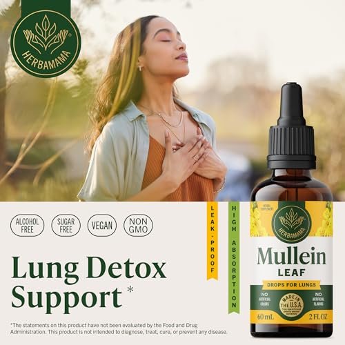 HERBAMAMA Mullein Tropfen für die Lunge – Vegane Lungenreinigung mit Mulleinblattextrakt, Echinacea-Tinktur & Süßholz – Nicht-GVO, Alkohol- & Zuckerfrei – 28-Tage-Versorgung
