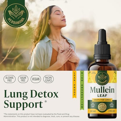 HERBAMAMA Mullein Tropfen für die Lunge – Vegane Lungenreinigung mit Mulleinblattextrakt, Echinacea-Tinktur & Süßholz – Nicht-GVO, Alkohol- & Zuckerfrei – 28-Tage-Versorgung