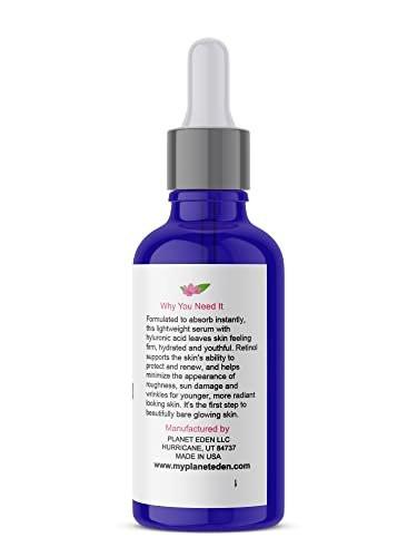 Planet Eden 2,5 % Retinol und Hyaluronsäure Serum mit Aloe Vera, Vitamin E und Grüntee – Starkes Antioxidans Serum gegen Sonnenschäden für strahlendere Haut