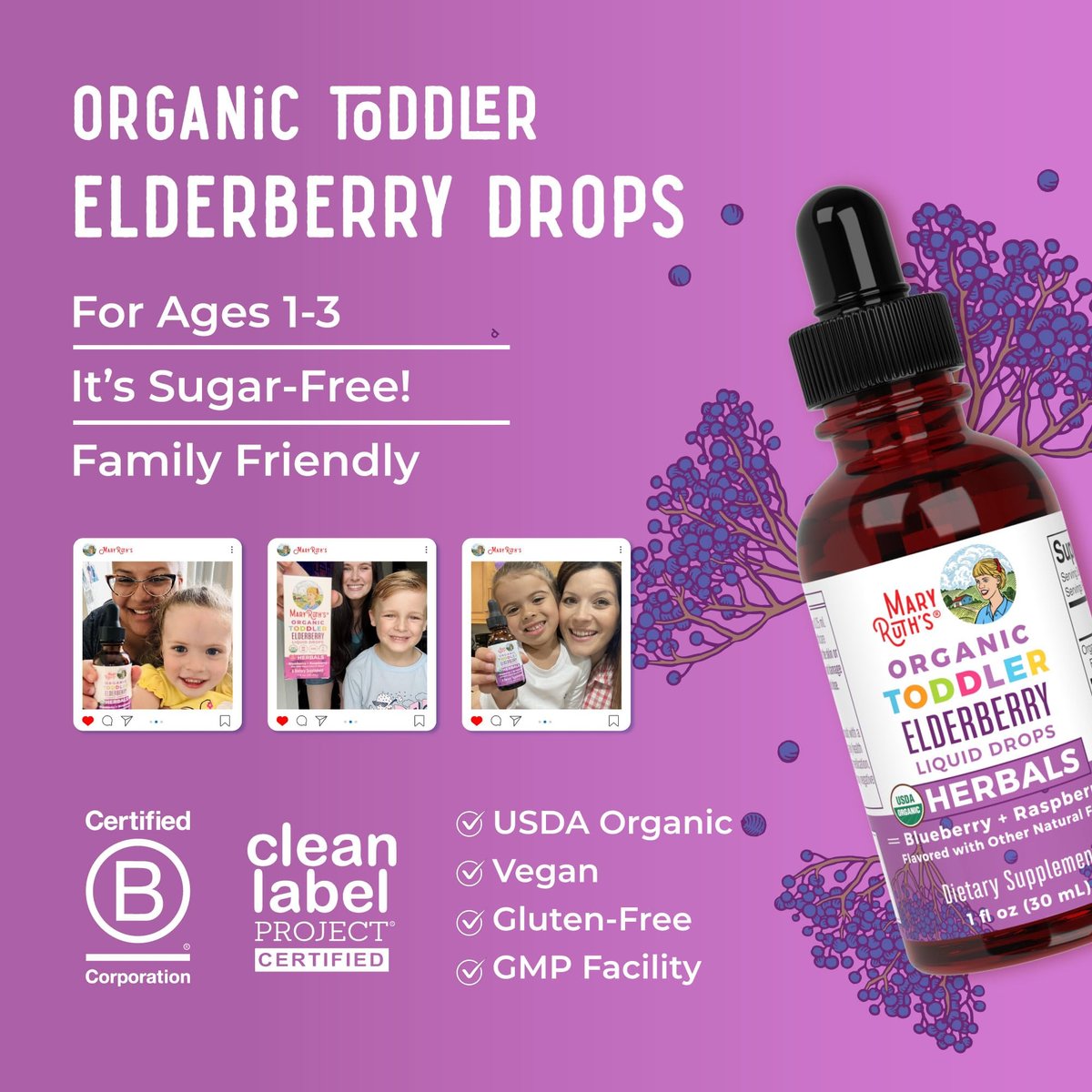 MARYRUTH'S Holunderbeeren-Sirup für Kleinkinder – USDA Bio-Holunder, zuckerfreies Immunsystem-Unterstützung für Kinder von 1-3 Jahren, Clean Label Project Verified®, vegan, non-GMO, glutenfrei, 30 ml