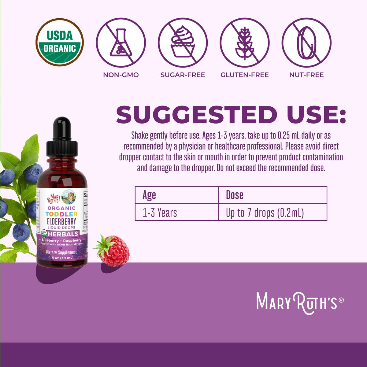 MARYRUTH'S Holunderbeeren-Sirup für Kleinkinder – USDA Bio-Holunder, zuckerfreies Immunsystem-Unterstützung für Kinder von 1-3 Jahren, Clean Label Project Verified®, vegan, non-GMO, glutenfrei, 30 ml