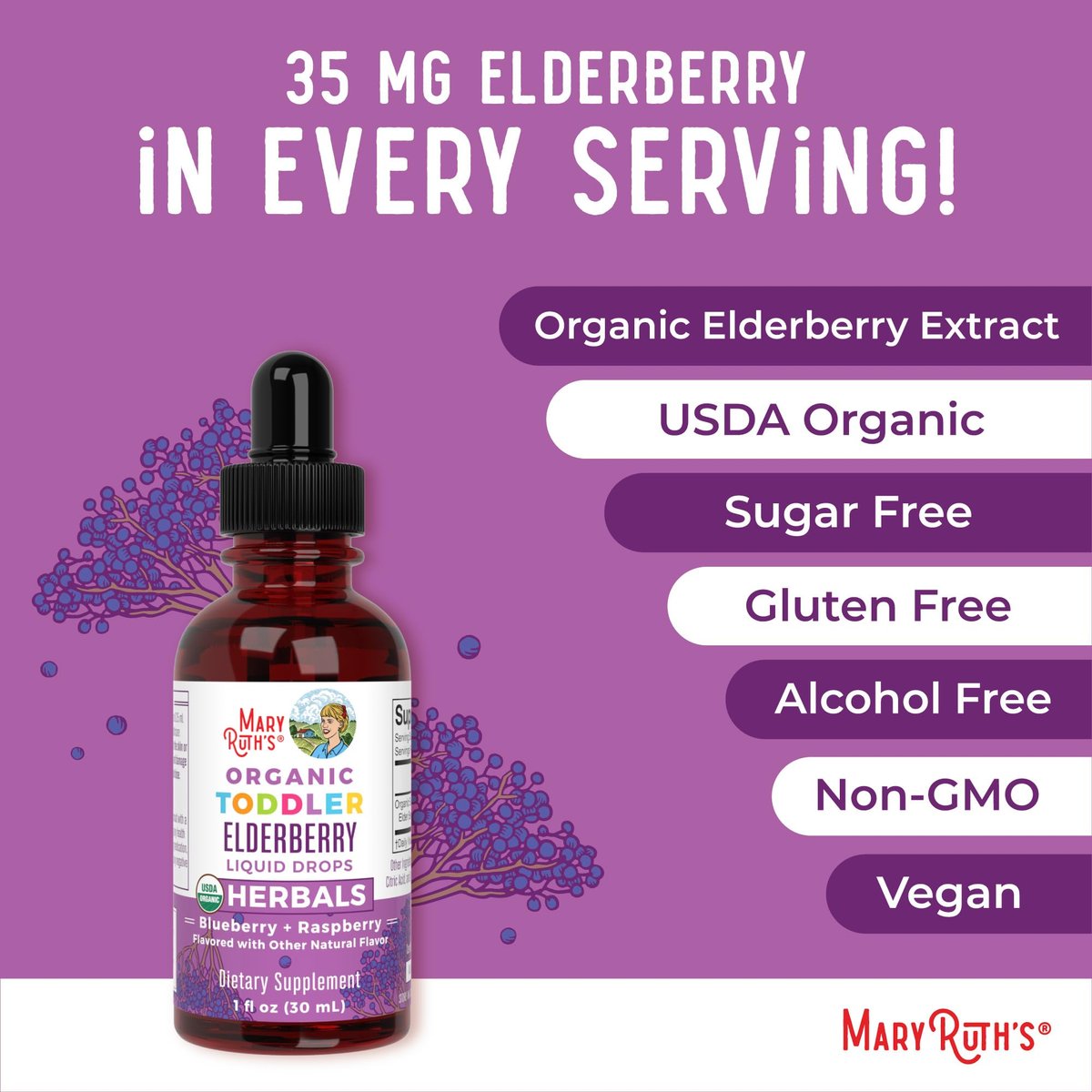 MARYRUTH'S Holunderbeeren-Sirup für Kleinkinder – USDA Bio-Holunder, zuckerfreies Immunsystem-Unterstützung für Kinder von 1-3 Jahren, Clean Label Project Verified®, vegan, non-GMO, glutenfrei, 30 ml