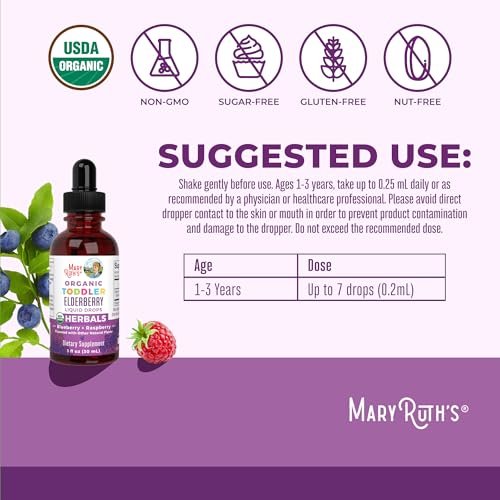 MARYRUTH'S Holunderbeeren-Sirup für Kleinkinder – USDA Bio-Holunder, zuckerfreies Immunsystem-Unterstützung für Kinder von 1-3 Jahren, Clean Label Project Verified®, vegan, non-GMO, glutenfrei, 30 ml
