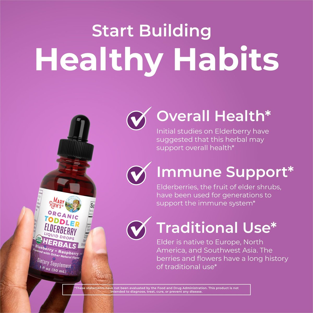 MARYRUTH'S Holunderbeeren-Sirup für Kleinkinder – USDA Bio-Holunder, zuckerfreies Immunsystem-Unterstützung für Kinder von 1-3 Jahren, Clean Label Project Verified®, vegan, non-GMO, glutenfrei, 30 ml