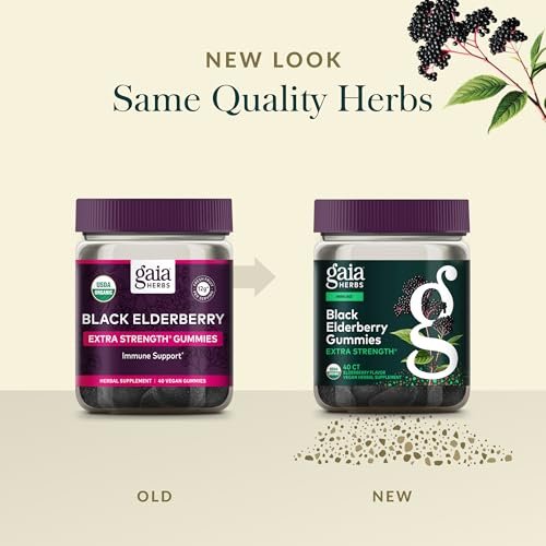 Gaia Herbs Schwarzer Holunder (Sambucus nigra) Extra Stärke Gummis - Leckere Immununterstützung - Bio-Schwarzer Holunder für das Immunsystem - 40 Gummis (20 Portionen)