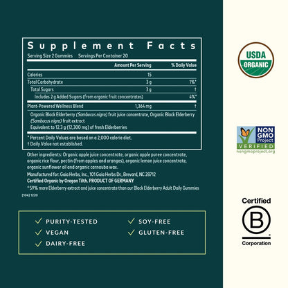Gaia Herbs Schwarzer Holunder (Sambucus nigra) Extra Stärke Gummis - Leckere Immununterstützung - Bio-Schwarzer Holunder für das Immunsystem - 40 Gummis (20 Portionen)
