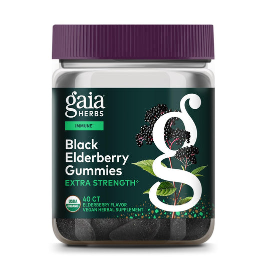 Gaia Herbs Schwarzer Holunder (Sambucus nigra) Extra Stärke Gummis - Leckere Immununterstützung - Bio-Schwarzer Holunder für das Immunsystem - 40 Gummis (20 Portionen)