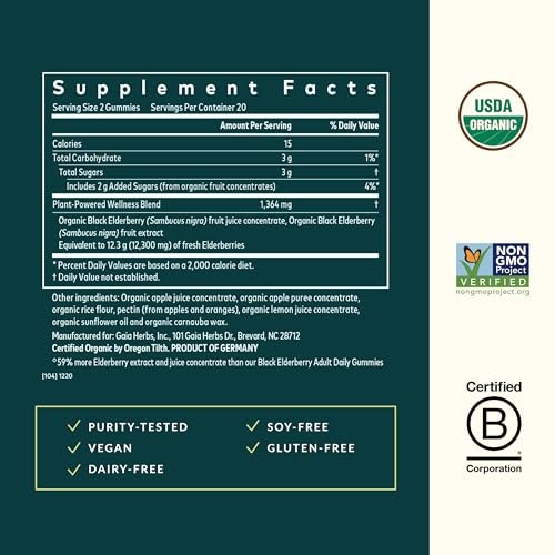 Gaia Herbs Schwarzer Holunder (Sambucus nigra) Extra Stärke Gummis - Leckere Immununterstützung - Bio-Schwarzer Holunder für das Immunsystem - 40 Gummis (20 Portionen)