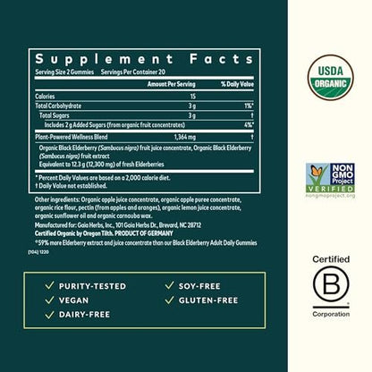 Gaia Herbs Schwarzer Holunder (Sambucus nigra) Extra Stärke Gummis - Leckere Immununterstützung - Bio-Schwarzer Holunder für das Immunsystem - 40 Gummis (20 Portionen)
