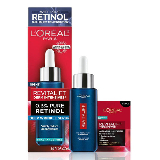 L'Oreal Paris Revitalift 0,3% Reines Retinol Nacht Serum – Reduziert tiefe Falten, Duftfrei, 30 ml + Feuchtigkeitscreme Probe
