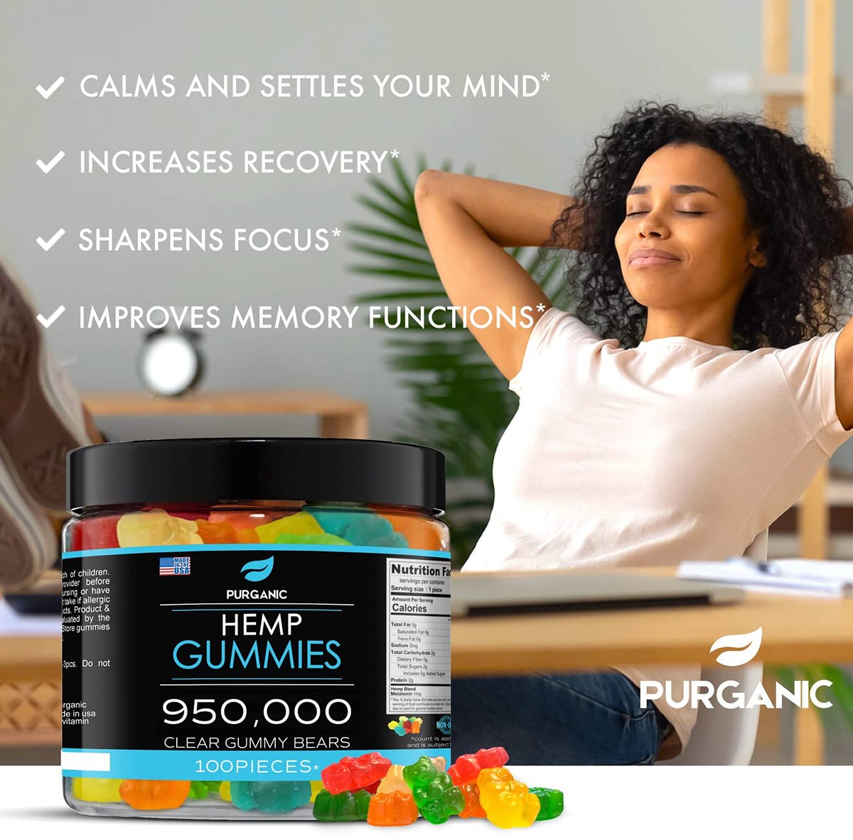 Purganic Hanf-Gummis – Unterstützt Schlaf, Ruhe und Entspannung - Hochdosiert und natürlich mit fruchtigen Aromen - Hergestellt in den USA – 100 Stück