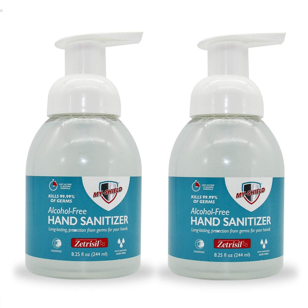 My-Shield Hand Sanitizer Schaum 8,25 oz (2er-Pack) – Alkoholfrei, Lang anhaltender Schutz, Beseitigt 99,9% der Keime, Pflegt mit Aloe Vera, Formuliert mit Zetrisil, FDA-registriert