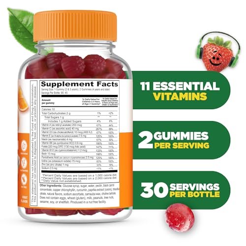 Lifeable Kids Multivitamin Gummies – Leckere Multivitamine für Kinder mit Vitamin A, C, D, E, B6, B12, Zink, Biotin, Folsäure, Jod, Niacin – Für die allgemeine Gesundheit – 90 Gummibärchen