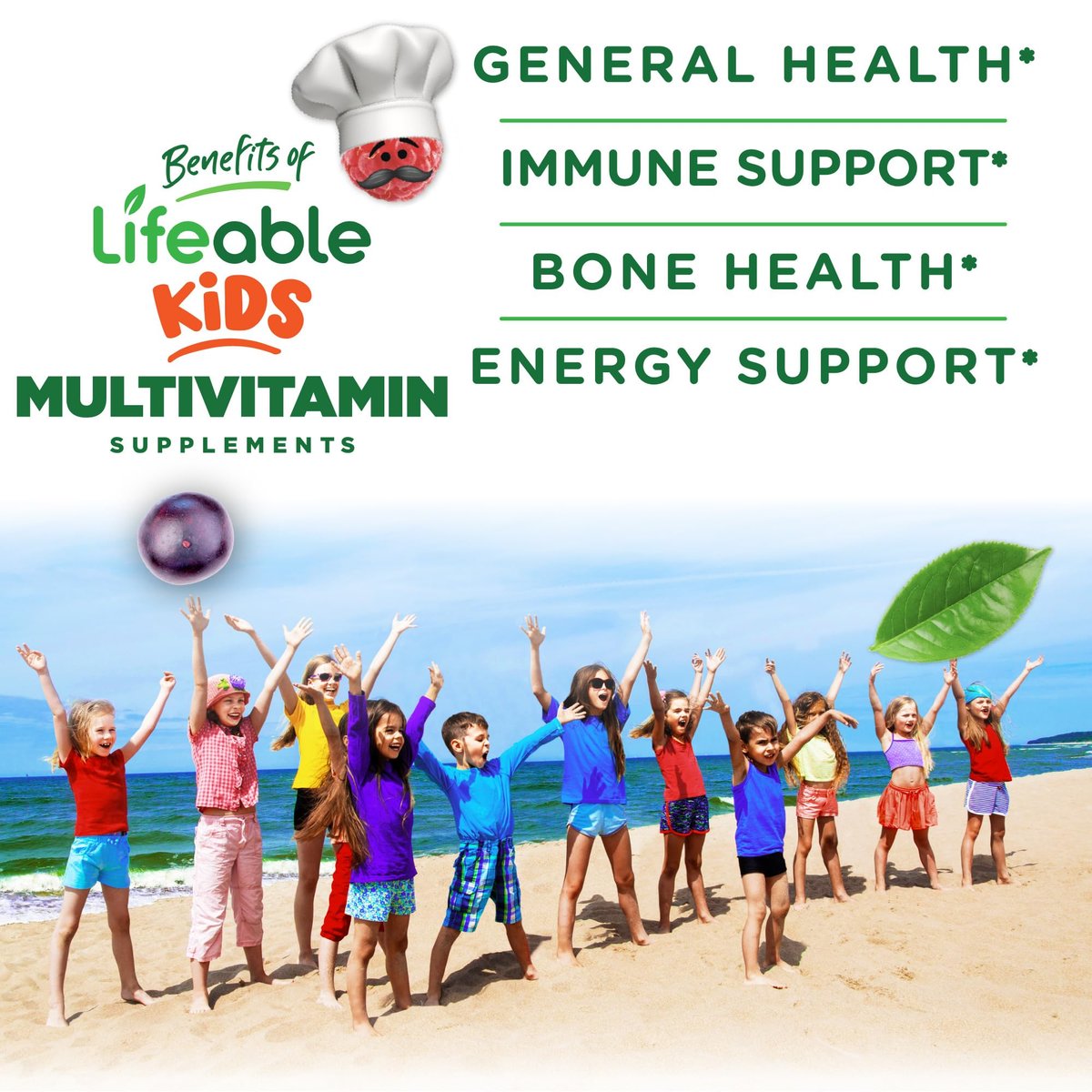 Lifeable Kids Multivitamin Gummies – Leckere Multivitamine für Kinder mit Vitamin A, C, D, E, B6, B12, Zink, Biotin, Folsäure, Jod, Niacin – Für die allgemeine Gesundheit – 90 Gummibärchen