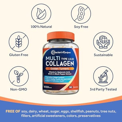 Doctor's Recipes Multi Collagen Peptide mit Gold-Turmeric, Vitamin C, Biotin, Hyaluronsäure & Schwarzem Pfeffer - Kollagen für Haut, Haare, Nägel - 90 Kapseln