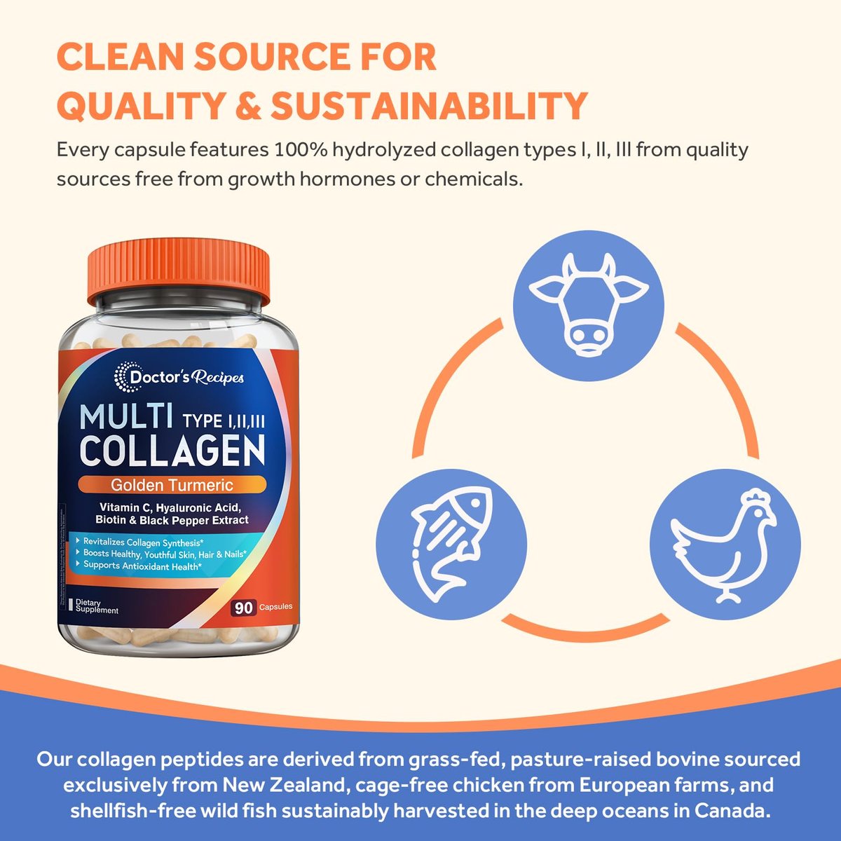 Doctor's Recipes Multi Collagen Peptide mit Gold-Turmeric, Vitamin C, Biotin, Hyaluronsäure & Schwarzem Pfeffer - Kollagen für Haut, Haare, Nägel - 90 Kapseln