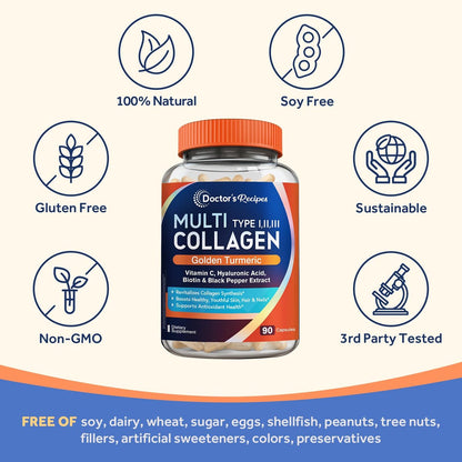 Doctor's Recipes Multi Collagen Peptide mit Gold-Turmeric, Vitamin C, Biotin, Hyaluronsäure & Schwarzem Pfeffer - Kollagen für Haut, Haare, Nägel - 90 Kapseln