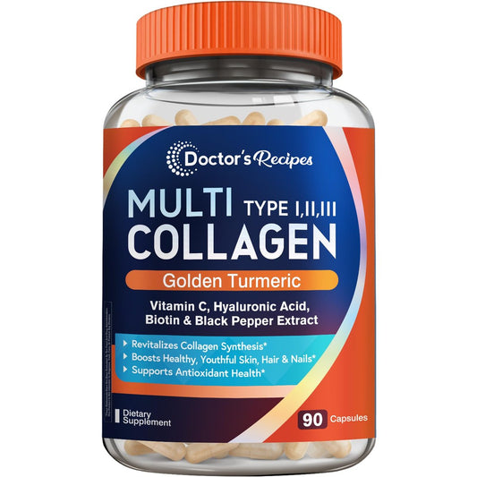 Doctor's Recipes Multi Collagen Peptide mit Gold-Turmeric, Vitamin C, Biotin, Hyaluronsäure & Schwarzem Pfeffer - Kollagen für Haut, Haare, Nägel - 90 Kapseln