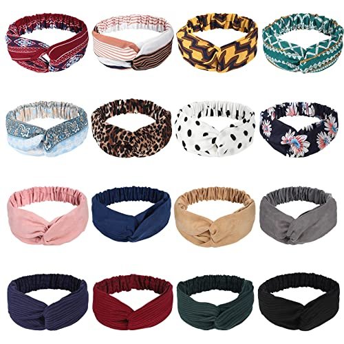 Meartchy 16-teiliges Set Bohemian-Stil Haarbänder für Frauen – Vintage Criss Cross Twist Stirnbänder, elastisch, Blumenmuster