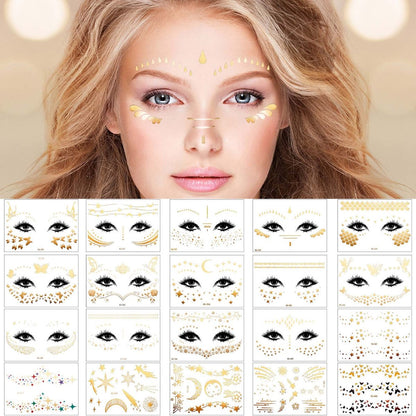 Zonon 20 Blatt Gold Glitzer Sommersprossen Gesichtstattoo – Funkelnde temporäre Tattoos für Frauen, Make-up-Patches für Halloween, Weihnachten, Partys und Kostüme