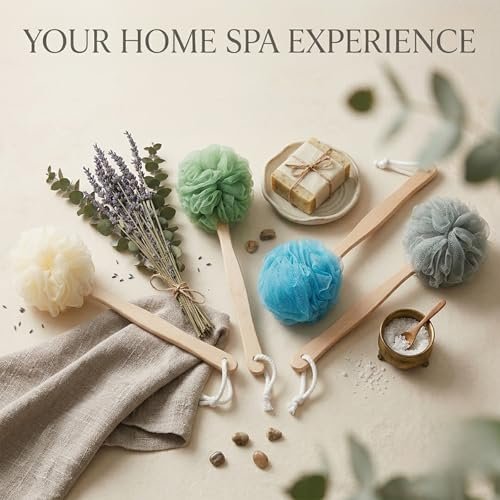4er-Pack Großer Bade-Luffa-Schwamm mit langem Griff, Dusch-Loofah, Körper-Rückenbürste, Spa-Bürste für Damen und Herren (4 Farben)