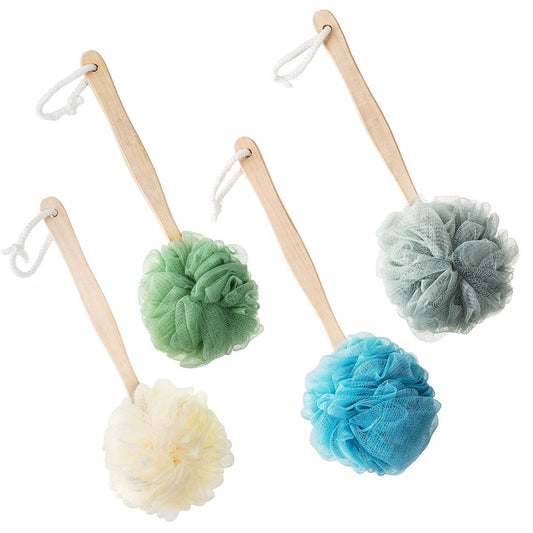 4er-Pack Großer Bade-Luffa-Schwamm mit langem Griff, Dusch-Loofah, Körper-Rückenbürste, Spa-Bürste für Damen und Herren (4 Farben)