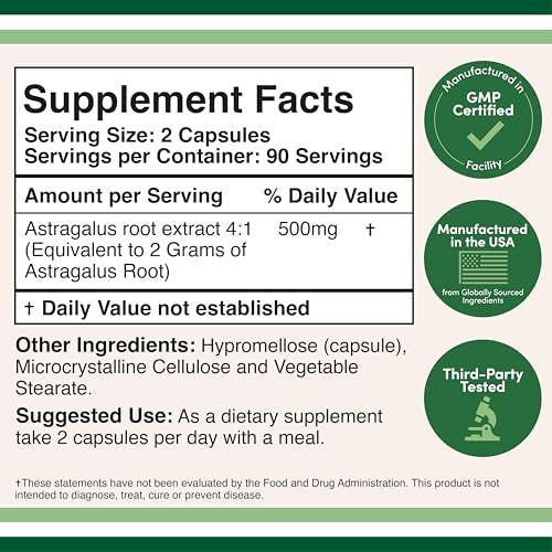 Double Wood Supplements Astragalus 500mg 180 Kapseln – Reich an Flavonoiden und Polysacchariden – Nicht-GVO, glutenfrei, drittgetestet