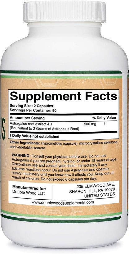 Double Wood Supplements Astragalus 500mg 180 Kapseln – Reich an Flavonoiden und Polysacchariden – Nicht-GVO, glutenfrei, drittgetestet