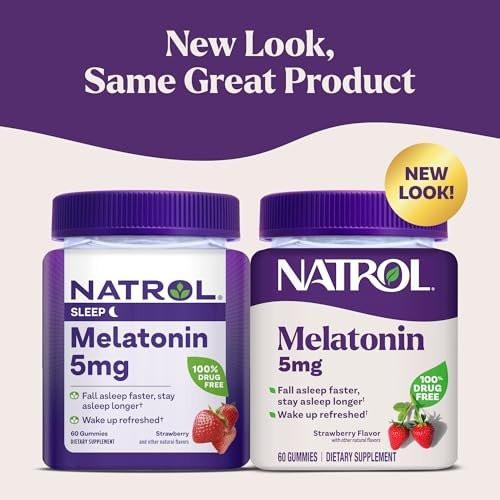 Natrol Melatonin 5mg Gummis – Diätetisches Ergänzungsmittel für erholsamen Schlaf, 60 Erdbeer-Gummis, 60-Tage-Vorrat