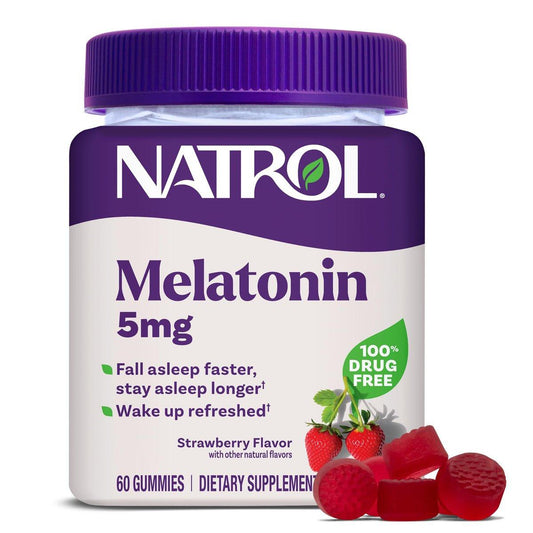 Natrol Melatonin 5mg Gummis – Diätetisches Ergänzungsmittel für erholsamen Schlaf, 60 Erdbeer-Gummis, 60-Tage-Vorrat