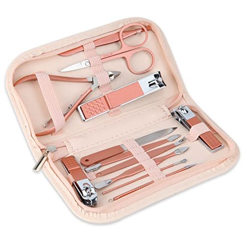 Maniküre-Set 12-in-1 mit rosa Ledertasche – Nagelpflegeset aus Edelstahl für Zuhause, Reisen und Geschenke
