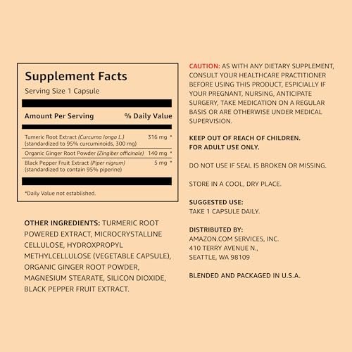 Kurkuma-Komplex mit 316 mg Curcumin, Ingwer und schwarzem Pfeffer – Gelenk- und Immununterstützung, 65 Kapseln