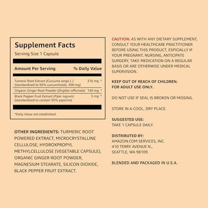 Kurkuma-Komplex mit 316 mg Curcumin, Ingwer und schwarzem Pfeffer – Gelenk- und Immununterstützung, 65 Kapseln