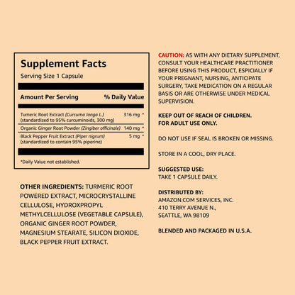 Kurkuma-Komplex mit 316 mg Curcumin, Ingwer und schwarzem Pfeffer – Gelenk- und Immununterstützung, 65 Kapseln