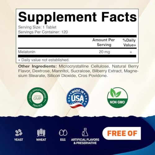 Vitamatic Melatonin 20mg – Hochdosiertes Schlafmittel mit natürlichem Beerengeschmack, 120 schnell lösliche Tabletten, Vegetarisch, Nicht-GVO, Glutenfrei
