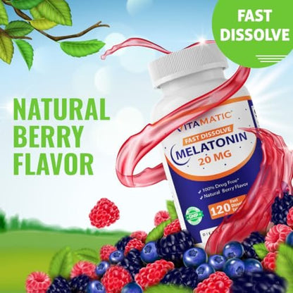 Vitamatic Melatonin 20mg – Hochdosiertes Schlafmittel mit natürlichem Beerengeschmack, 120 schnell lösliche Tabletten, Vegetarisch, Nicht-GVO, Glutenfrei