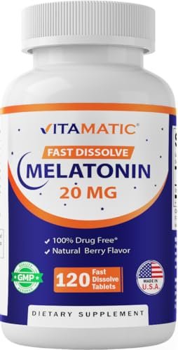 Vitamatic Melatonin 20mg – Hochdosiertes Schlafmittel mit natürlichem Beerengeschmack, 120 schnell lösliche Tabletten, Vegetarisch, Nicht-GVO, Glutenfrei