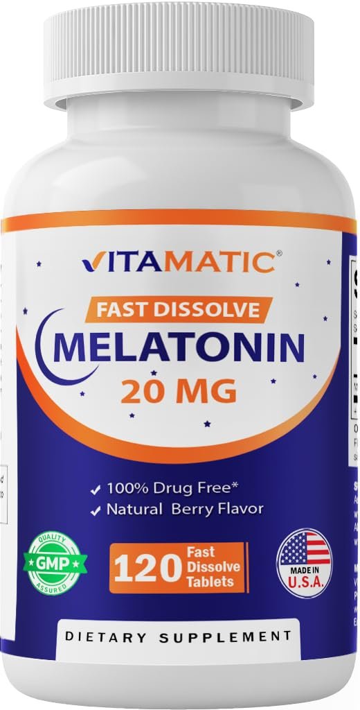 Vitamatic Melatonin 20mg – Hochdosiertes Schlafmittel mit natürlichem Beerengeschmack, 120 schnell lösliche Tabletten, Vegetarisch, Nicht-GVO, Glutenfrei