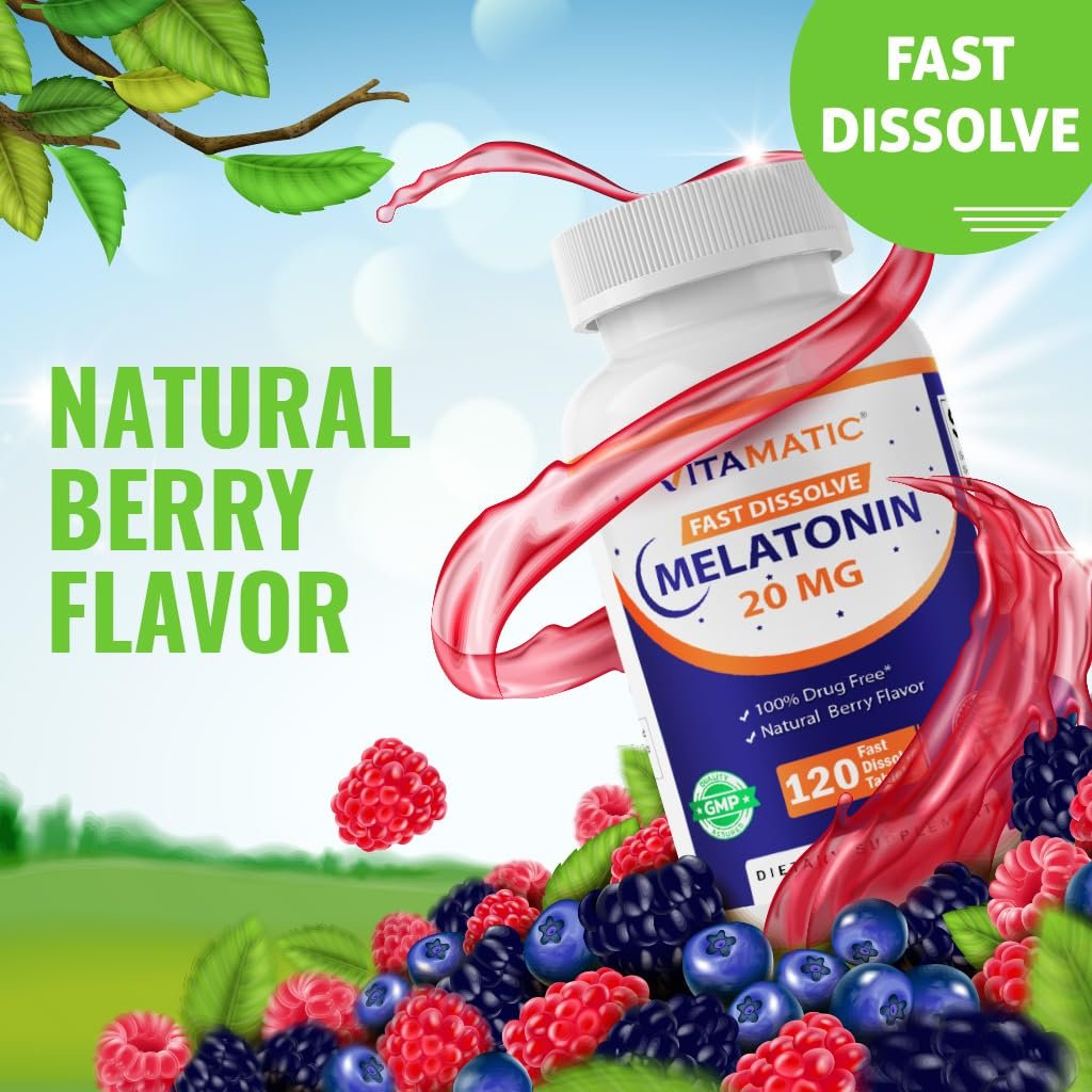 Vitamatic Melatonin 20mg – Hochdosiertes Schlafmittel mit natürlichem Beerengeschmack, 120 schnell lösliche Tabletten, Vegetarisch, Nicht-GVO, Glutenfrei