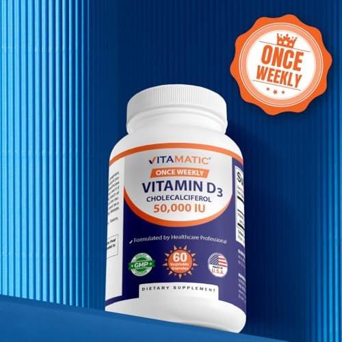 Vitamatic Vitamin D3 50.000 IE (als Cholecalciferol), einmal wöchentlich, 1250 mcg, 60 vegane Kapseln, 1-Jahres-Vorrat, fortschrittliche Formel bei Vitamin-D-Mangel (60 Kapseln)