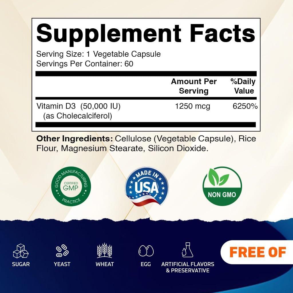 Vitamatic Vitamin D3 50.000 IE (als Cholecalciferol), einmal wöchentlich, 1250 mcg, 60 vegane Kapseln, 1-Jahres-Vorrat, fortschrittliche Formel bei Vitamin-D-Mangel (60 Kapseln)