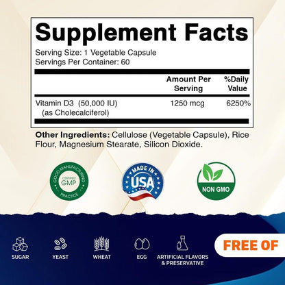 Vitamatic Vitamin D3 50.000 IE (als Cholecalciferol), einmal wöchentlich, 1250 mcg, 60 vegane Kapseln, 1-Jahres-Vorrat, fortschrittliche Formel bei Vitamin-D-Mangel (60 Kapseln)