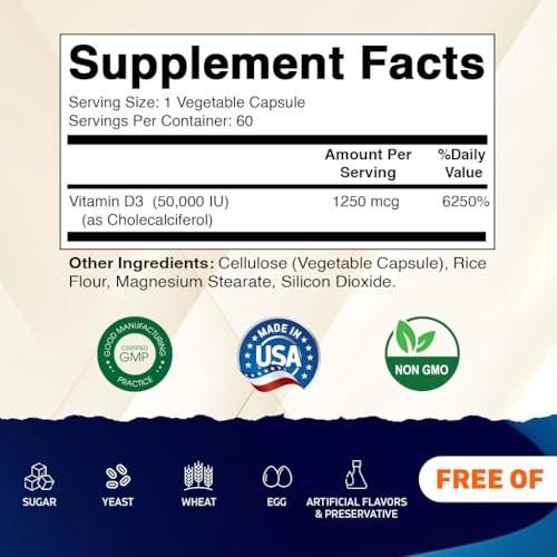 Vitamatic Vitamin D3 50.000 IE (als Cholecalciferol), einmal wöchentlich, 1250 mcg, 60 vegane Kapseln, 1-Jahres-Vorrat, fortschrittliche Formel bei Vitamin-D-Mangel (60 Kapseln)