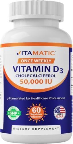 Vitamatic Vitamin D3 50.000 IE (als Cholecalciferol), einmal wöchentlich, 1250 mcg, 60 vegane Kapseln, 1-Jahres-Vorrat, fortschrittliche Formel bei Vitamin-D-Mangel (60 Kapseln)