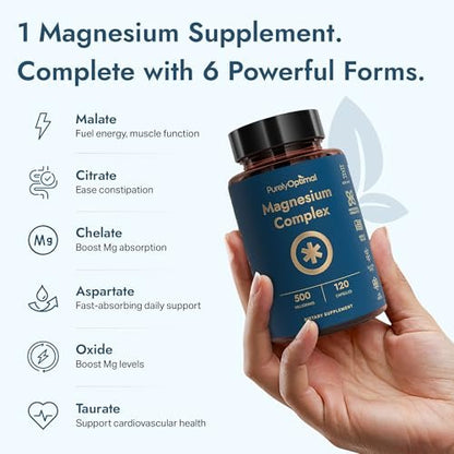 Purely Optimal Magnesium Komplex – 6 Formen Magnesiumglycinat, Citrat & Malat – Schlafunterstützung, Stressabbau, Muskeln, Herzgesundheit & Entspannung – Magnesiumpräparat für Frauen & Männer, 120 Kapseln