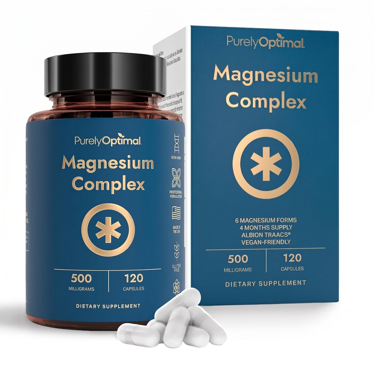 Purely Optimal Magnesium Komplex – 6 Formen Magnesiumglycinat, Citrat & Malat – Schlafunterstützung, Stressabbau, Muskeln, Herzgesundheit & Entspannung – Magnesiumpräparat für Frauen & Männer, 120 Kapseln