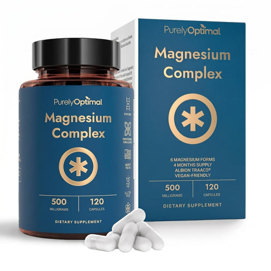 Purely Optimal Magnesium Komplex – 6 Formen Magnesiumglycinat, Citrat & Malat – Schlafunterstützung, Stressabbau, Muskeln, Herzgesundheit & Entspannung – Magnesiumpräparat für Frauen & Männer, 120 Kapseln