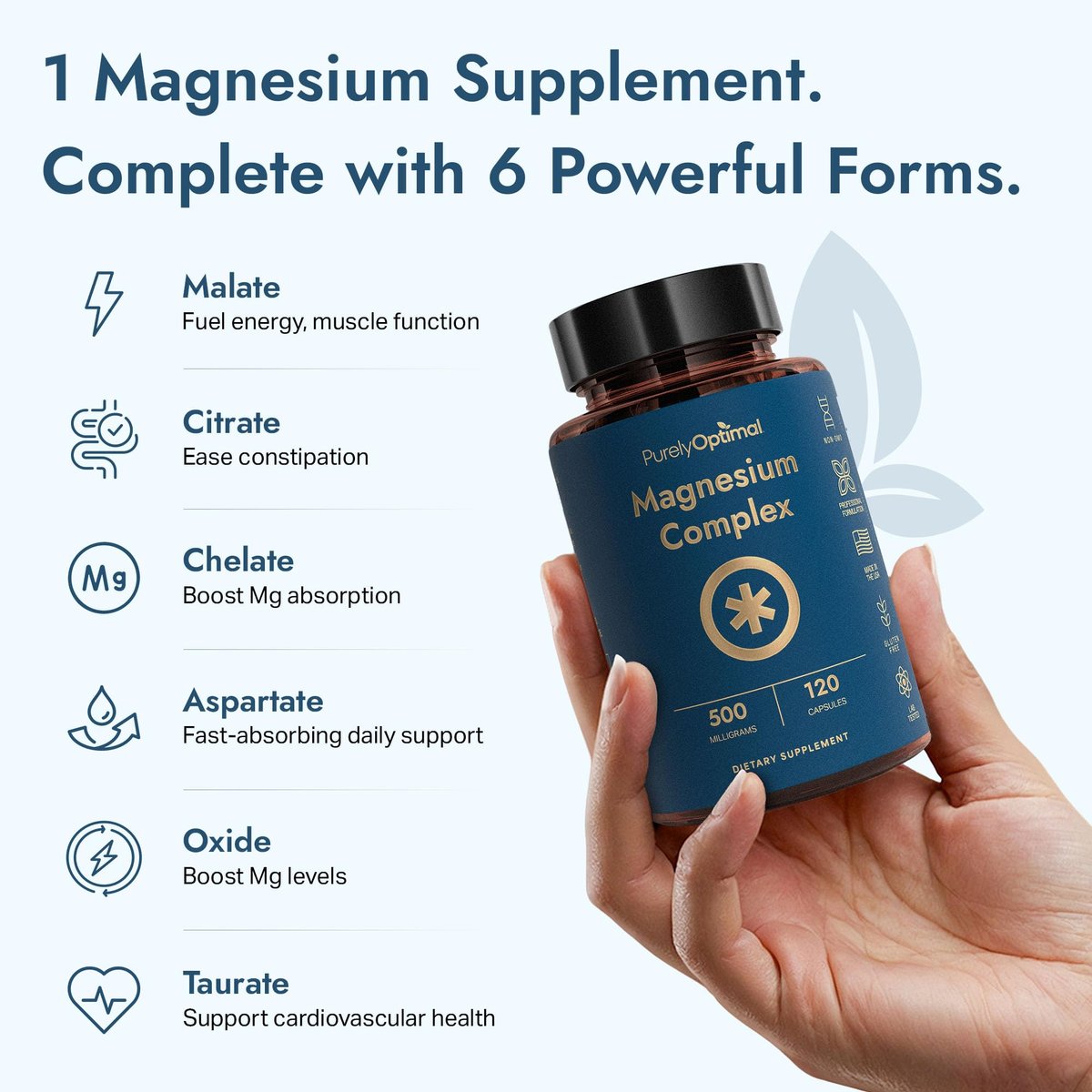 Purely Optimal Magnesium Komplex – 6 Formen Magnesiumglycinat, Citrat & Malat – Schlafunterstützung, Stressabbau, Muskeln, Herzgesundheit & Entspannung – Magnesiumpräparat für Frauen & Männer, 120 Kapseln