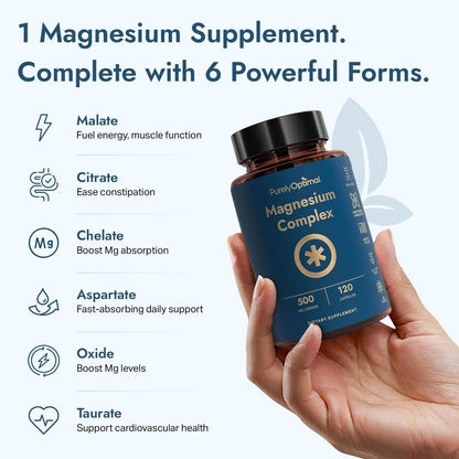 Purely Optimal Magnesium Komplex – 6 Formen Magnesiumglycinat, Citrat & Malat – Schlafunterstützung, Stressabbau, Muskeln, Herzgesundheit & Entspannung – Magnesiumpräparat für Frauen & Männer, 120 Kapseln